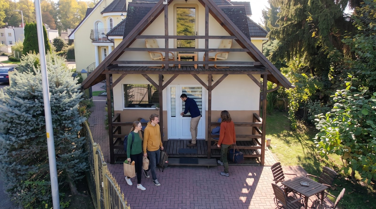 Wizualizacja: czwórka znajomych przyjeżdża do domku w piątkowe popołudnie